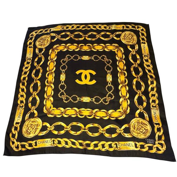 Vintage Chanel 31 Rue Cambon Silk Scarf | Black & Gold Chain Link Design - Picture 1 of 5